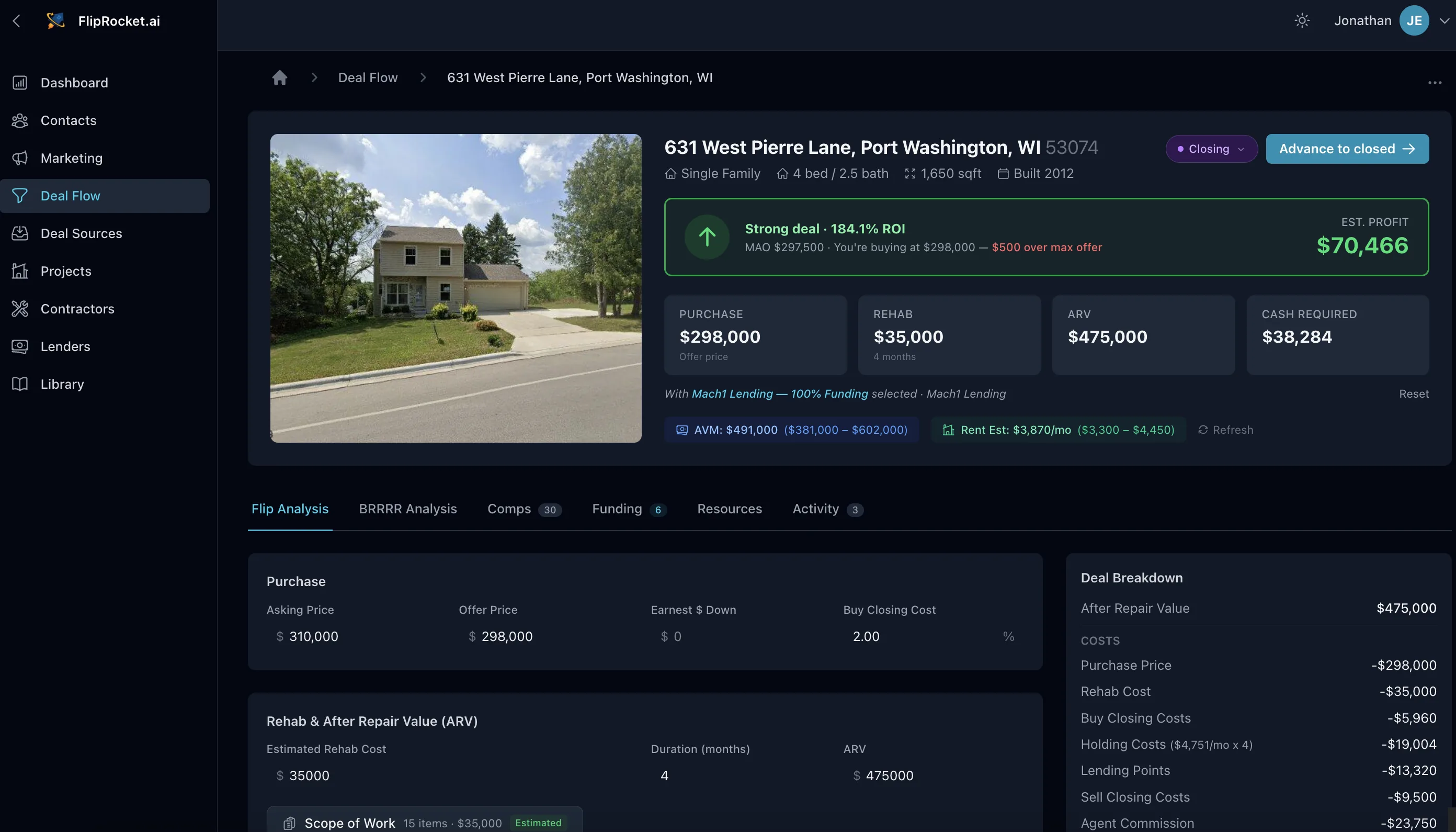 FlipRocket deal analyzer — house flip scorecard with MAO, profit, ROI, and deal rating updating in real time