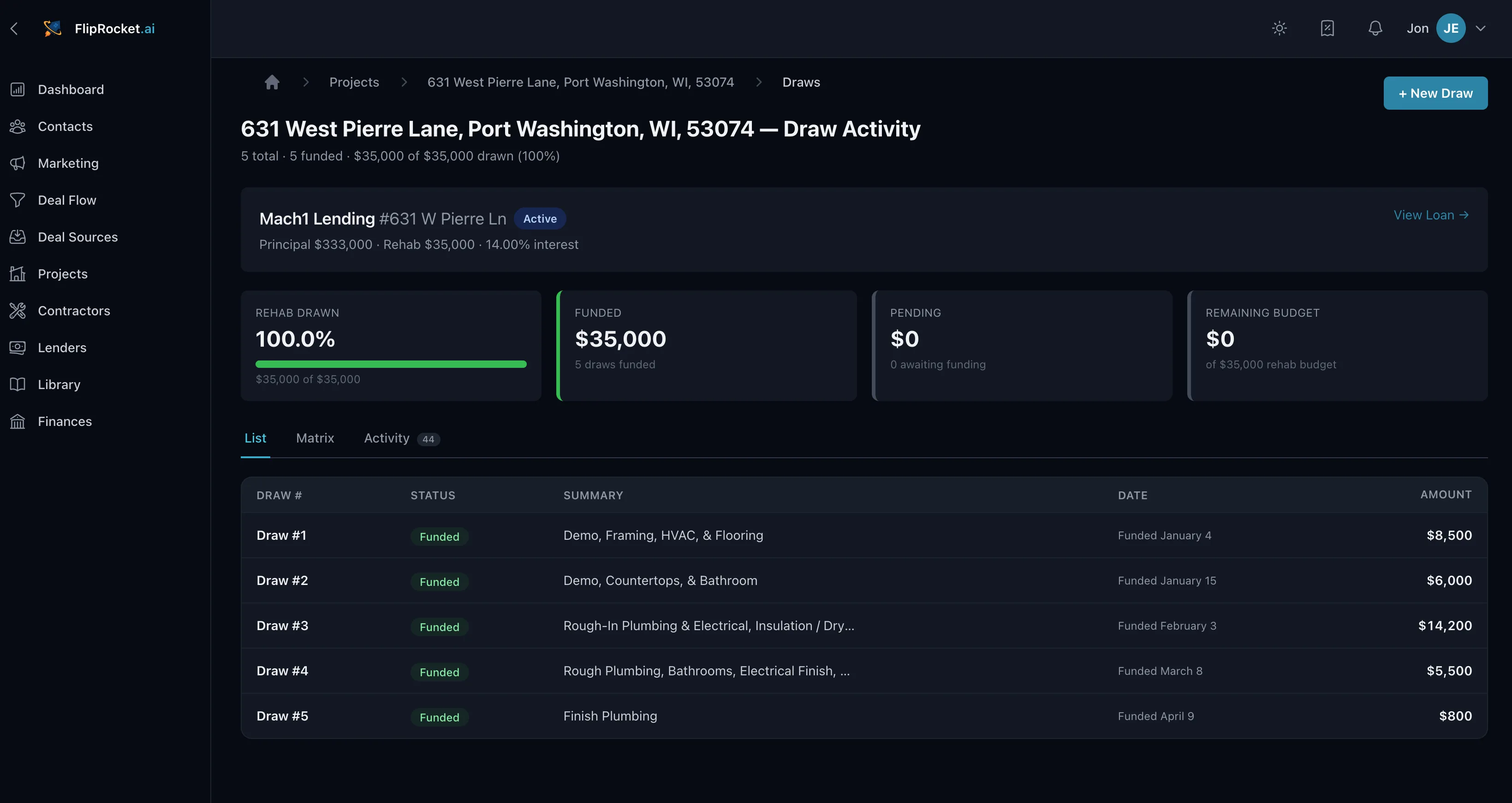FlipRocket draw tracker — a lender draw request built line by line against the scope of work