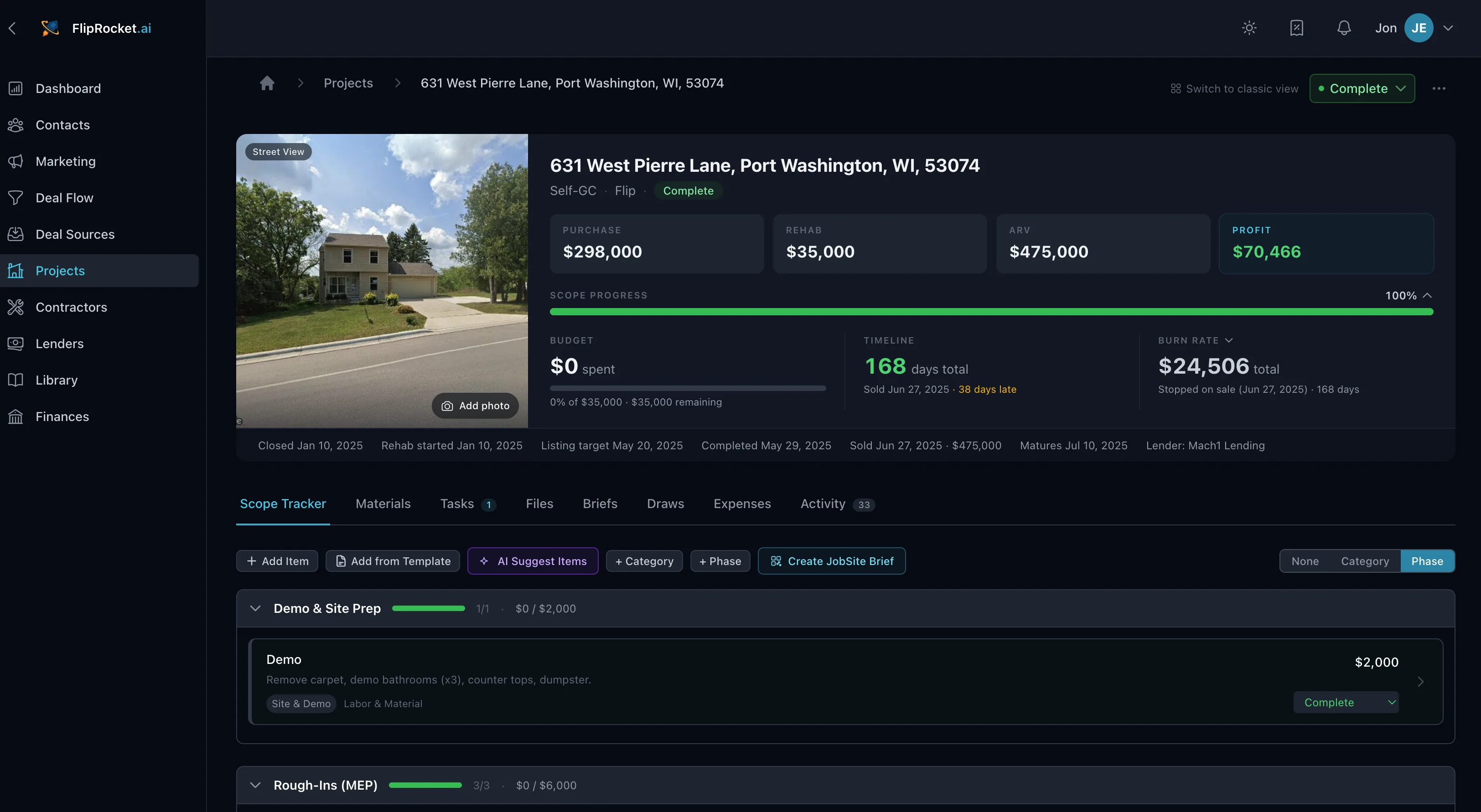 FlipRocket project dashboard — rehab progress, budget, timeline, and burn rate at a glance