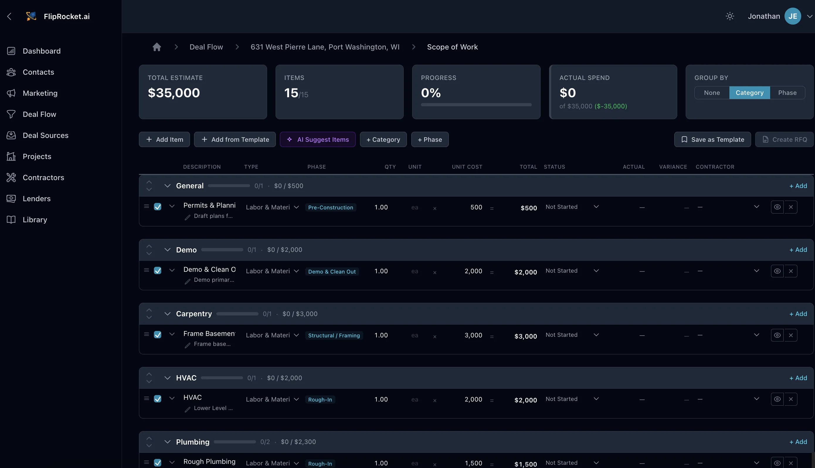 FlipRocket scope builder — spreadsheet-style rehab scope of work grouped by category with live totals